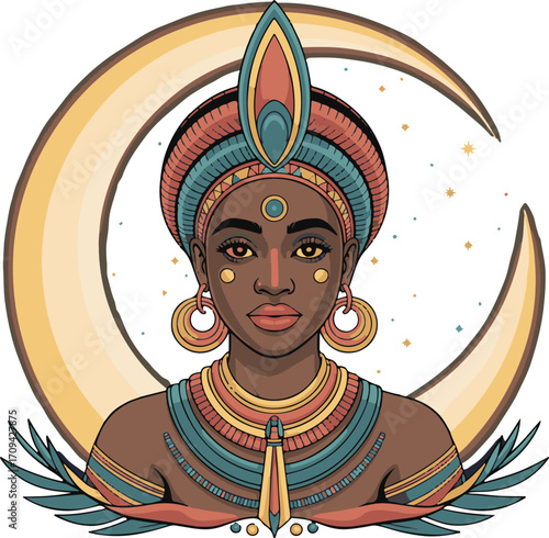 Egyptian Queen with Crescent Moon Headdress and Jewelry Illustration Art