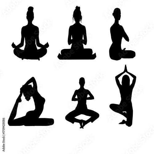 A collection of six black silhouette yoga poses against a white background.