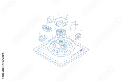Isometric Line Art: Modern Fresh Fish Recipe with Citrus and Vegetables, Healthy Eating Concept with Elegant Food Presentation and Kitchenware Elements
