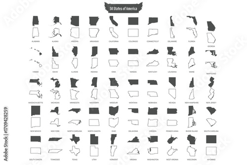 50 States of America SVG Bundle. USA Map Silhouette, Vector Clipart for Cricut and Silhouette Cutting Machines.