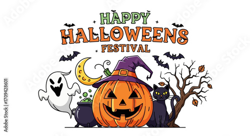 Spooky Halloween festival scene with a grinning jack-o'-lantern, friendly ghost, black cat, and bats