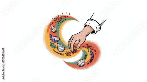 Chef's Hand Arranging Gourmet Spices and Herbs: A Culinary Composition for Flavorful Dishes and Inspiring Cooking Concepts, Seasoning, Ingredients, and Flavor