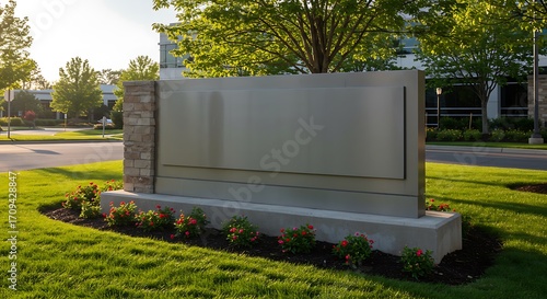Mockup a modern stone monument sign with a blank face stands on a manicured lawn in front of an office building for commercial usage