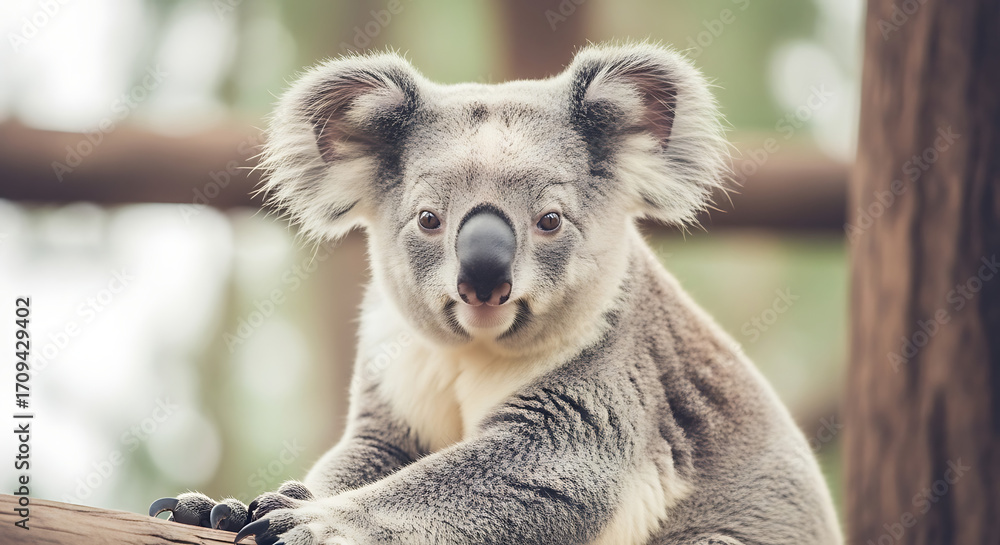 Fototapeta premium A close-up portrait of a koala sitting on a branch, looking directly at the viewer with a soft, blurred background of trees.