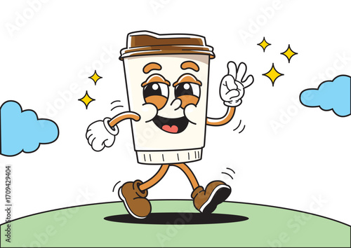 Cheerful coffee cup cartoon character happily walking on green hill under the sky. Food and beverage concept.