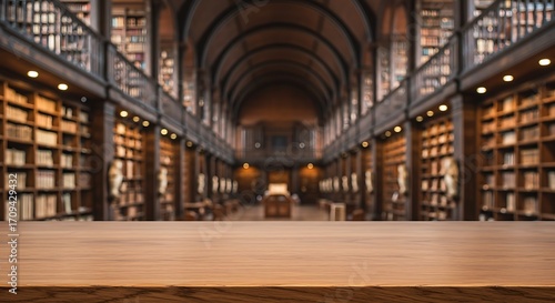 Mockup a long, dimly lit library with tall bookshelves filled with books and a wooden table in the foreground for commercial usage