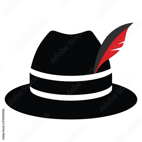 Women’s Black Felt Fedora Hat with Satin Ribbon and Feather Vector