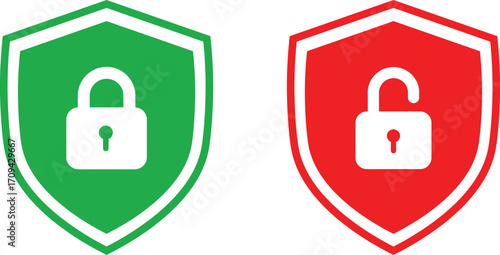 green and red security and protection shield with locked and unlocked  icon representing website, app, ui and system security. safety protection icon. Vector illustration and transparent PNG.