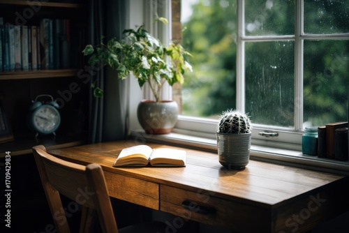 A study desk placed near a window A small cactus and ivy brighten the view