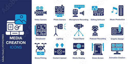 Media Creation icon set. Containing technology, communication, marketing, creative, social and more. Solid vector icons collection. Vector illustration.