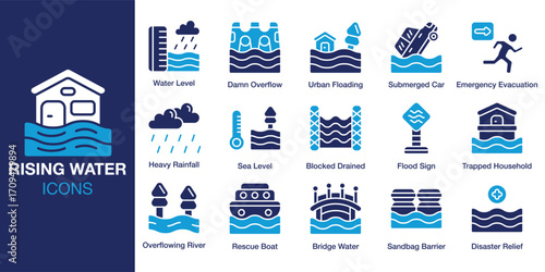 Rising Water icon set. Containing environment, weather, change, climate, and more. Solid vector icons collection. Vector illustration.