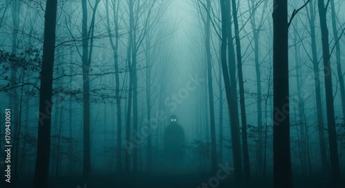 A mysterious figure with glowing eyes stands in a foggy, dark forest among tall trees