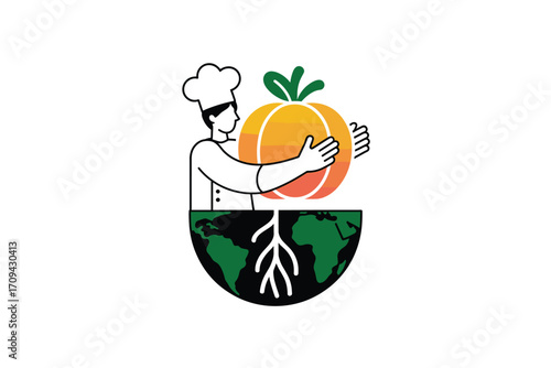 Sustainable food production with a chef holding a pumpkin over a globe symbolizes fresh, locally-sourced ingredients and ecological awareness in culinary practices