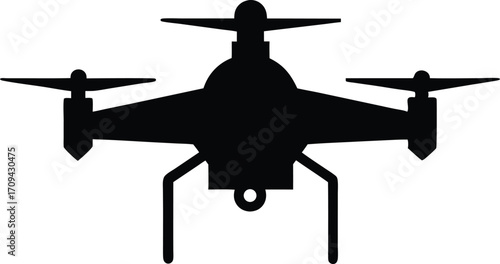 UAV Drone Silhouette, Simple Flat Black Vector. Quadcopter Silhouette, Flat Design Vector Illustration.