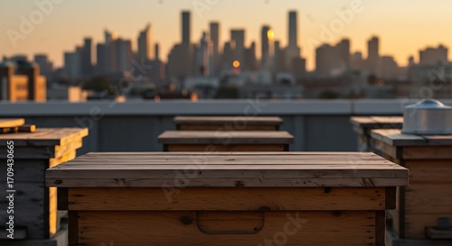 Mockup urban beekeeping with beehives on a rooftop overlooking a city skyline at sunset for commercial usage