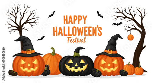Joyful Halloween pumpkins with carved faces and witch hats celebrate the festive autumn season.