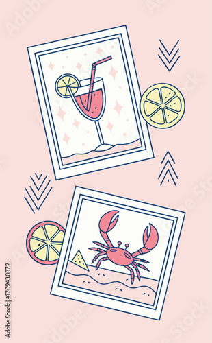 Hand-drawn summer mood artwork with multiple frames showing cocktails, lobsters, lemons, and sunlit beaches decorated in pastel pink and blue tones