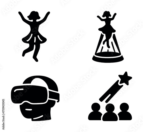 Silhouette icons: dancing woman, vr headset, awards, and star symbol