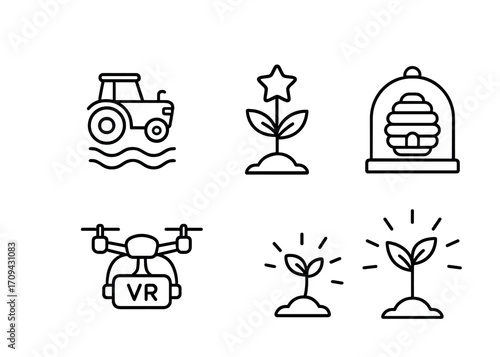 Agriculture innovation icons: tractor, plant, beehive, drone, growth