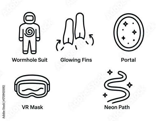 Futuristic symbols: wormhole suit, glowing fins, portal, vr mask, neon path icons