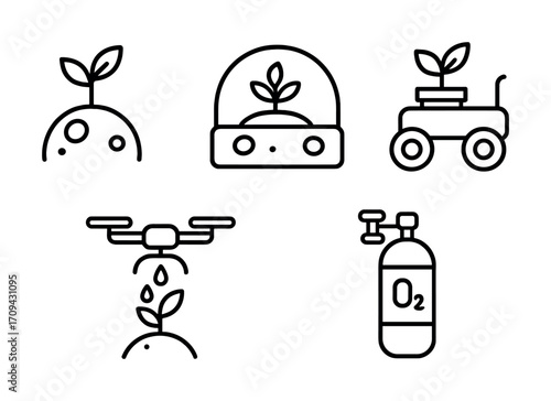 Futuristic agriculture icons: seedling, greenhouse, robot, drone, oxygen
