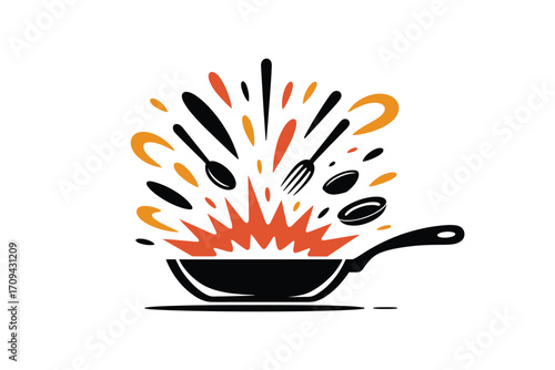 Creative Kitchen Illustration: Frying Pan with Utensils and Spices Exploding, Modern and Dynamic Design, Symbolizing Cooking, Food Preparation, and Culinary Artistry for Menu Graphics