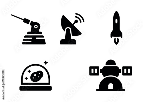 Set of black space icons: antenna, satellite, rocket, spacecraft, and telescope