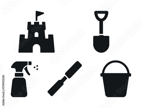 Beach play silhouettes: sandcastle, shovel, bucket, spray bottle, spatula icons