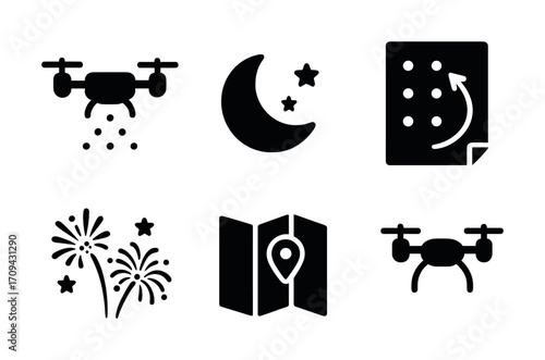 Drone delivery and navigation icons set