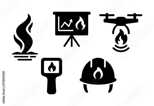 Fire safety icons collection featuring flame, drone, and helmet symbols