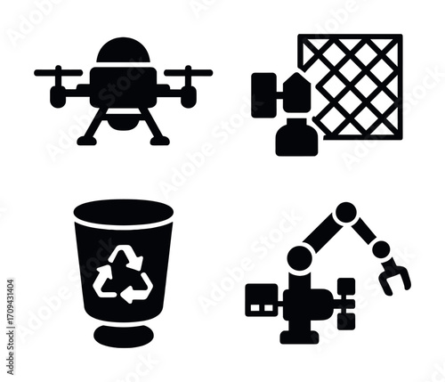 Drone, satellite, recycling bin, and industrial robot icons for technology and environment