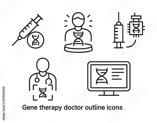 Gene therapy doctor outline icons with dna and medical equipment symbols