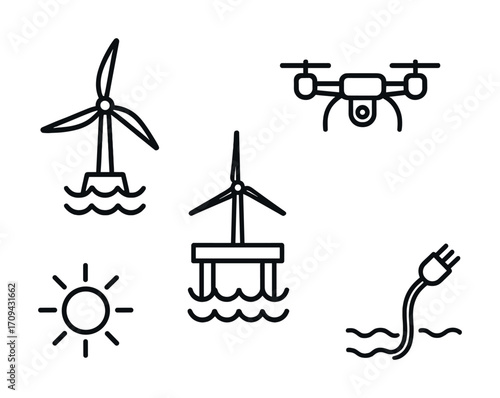 Renewable energy icons: wind turbines, drone, solar, wave power, cable