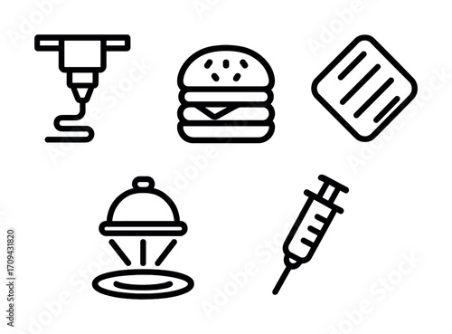 Minimalist icon set featuring 3d printing, burger, grill, cloche, and syringe symbols