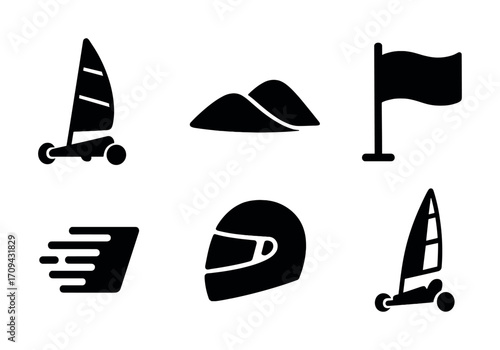 Black silhouettes: land yacht, sand dunes, flag, wind, helmet icons