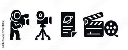 Filmmaking icons: cameraman, camera, script, clapperboard, film reel