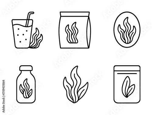 Black line icons of various seaweed products and packaging designs