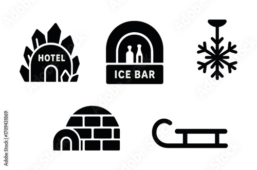 Winter icons: igloo, hotel, ice bar, snowflake, sled illustrations