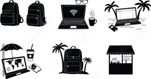 Digital nomad silhouettes, remote work illustration, laptop travel, backpack lifestyle, Wi‑Fi connection, tropical beach office, global mobility, freelance, tourism, adventure
