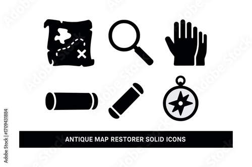 Antique map restoration icons: magnifying glass, compass, gloves, scrolls