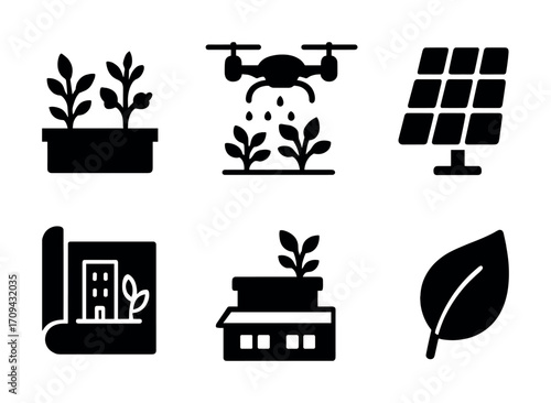 Eco-friendly agriculture icons - drone, solar panel, sustainable farming concepts