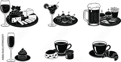 Food and drink silhouettes, wine and cheese, cocktail appetizers, beer fast food, champagne dessert, tea time, coffee croissant, gastronomy, lifestyle, menu