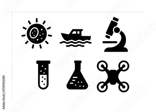 Science and exploration icons: sun, boat, microscope, test tube, flask, drone
