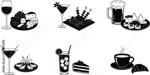 Food and drink silhouettes, wine and cheese, cocktail with appetizers, beer and sushi, coffee croissant, dessert pairing, gastronomy concept, bar menu, lifestyle