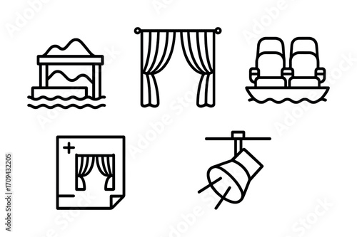 Theater elements: stage curtain icons, spotlight, seating, performance symbols