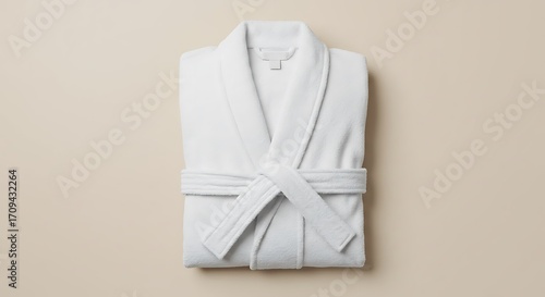 Mockup a clean white terry cloth bathrobe folded and tied with a belt, isolated on a light beige background for commercial usage