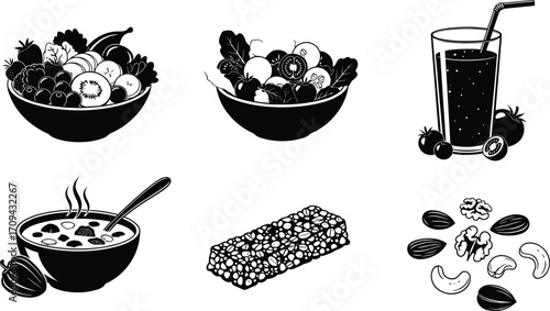 Healthy food silhouettes, fruit bowl illustration, juice glass, soup bowl, granola bar, nuts, organic diet, nutrition concept, wellness lifestyle, natural eating