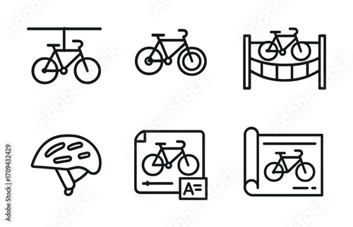 Bicycle icons set: helmets, designs, architecture, safety, storage
