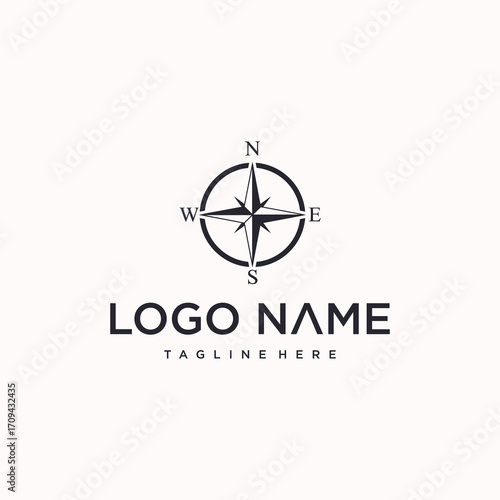 A minimalist logo featuring a compass rose with cardinal directions, symbolizing navigation and direction, placed above text.