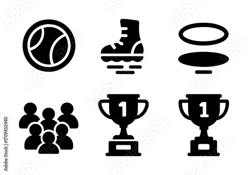 Sports icons: ball, boot, disc, group, trophies – black and white silhouettes